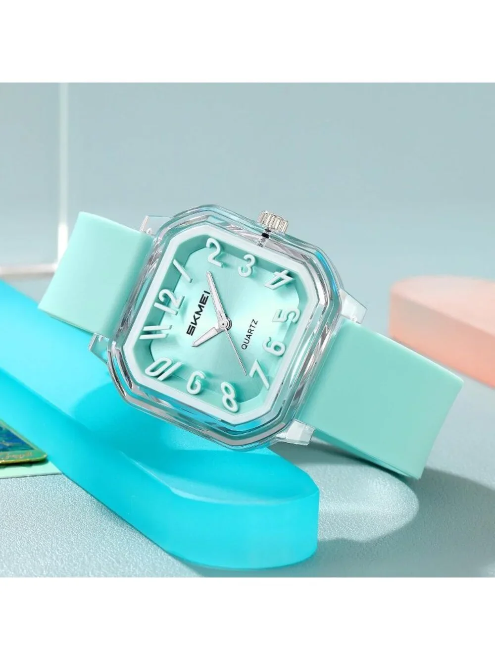 Women’s Blue Big Arabic Numbers Silicone Strap Casual Analog Square Wrist Watch